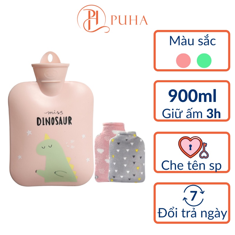 Túi chườm nóng đau bụng kinh cho nữ sưởi ấm giữ nhiệt hiệu quả Puha 900ml họa tiết khủng long hồng dễ thương