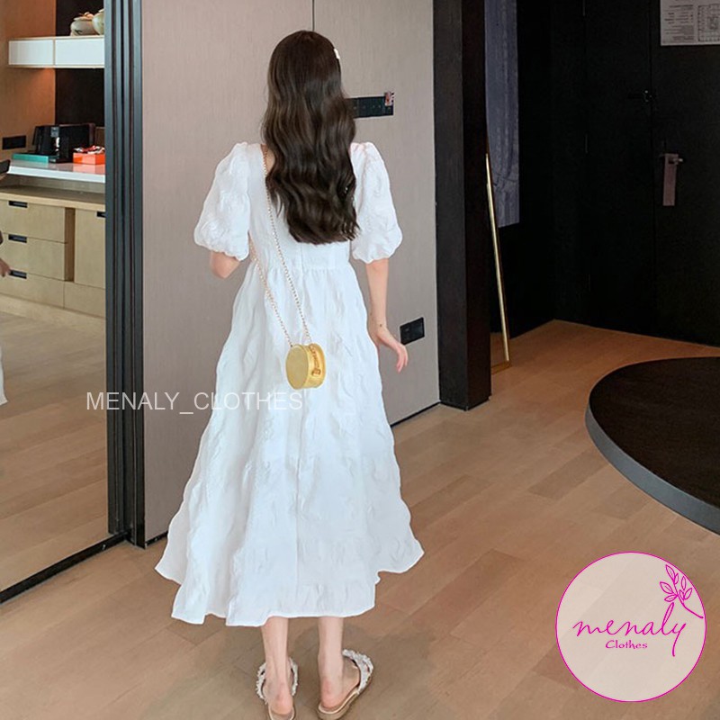 Váy trắng nữ cổ vuông tay bồng ulzzang VH023, mẫu váy hàn quốc dáng dài qua gối, babydoll bầu bí bon chen