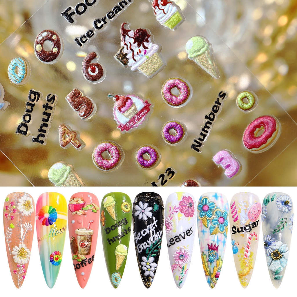 Sticker bướm hoa nổi nail Yapas đính gắn dán móng 5D, decal hình dán hoa cỏ lá bánh kẹo giấy trang trí móng chuyên dụng