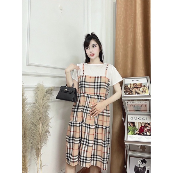 Váy đầm yếm bầu mùa hè chấm bi kẻ burbery chất siêu mát công sở đi chơi (Yếm liền)