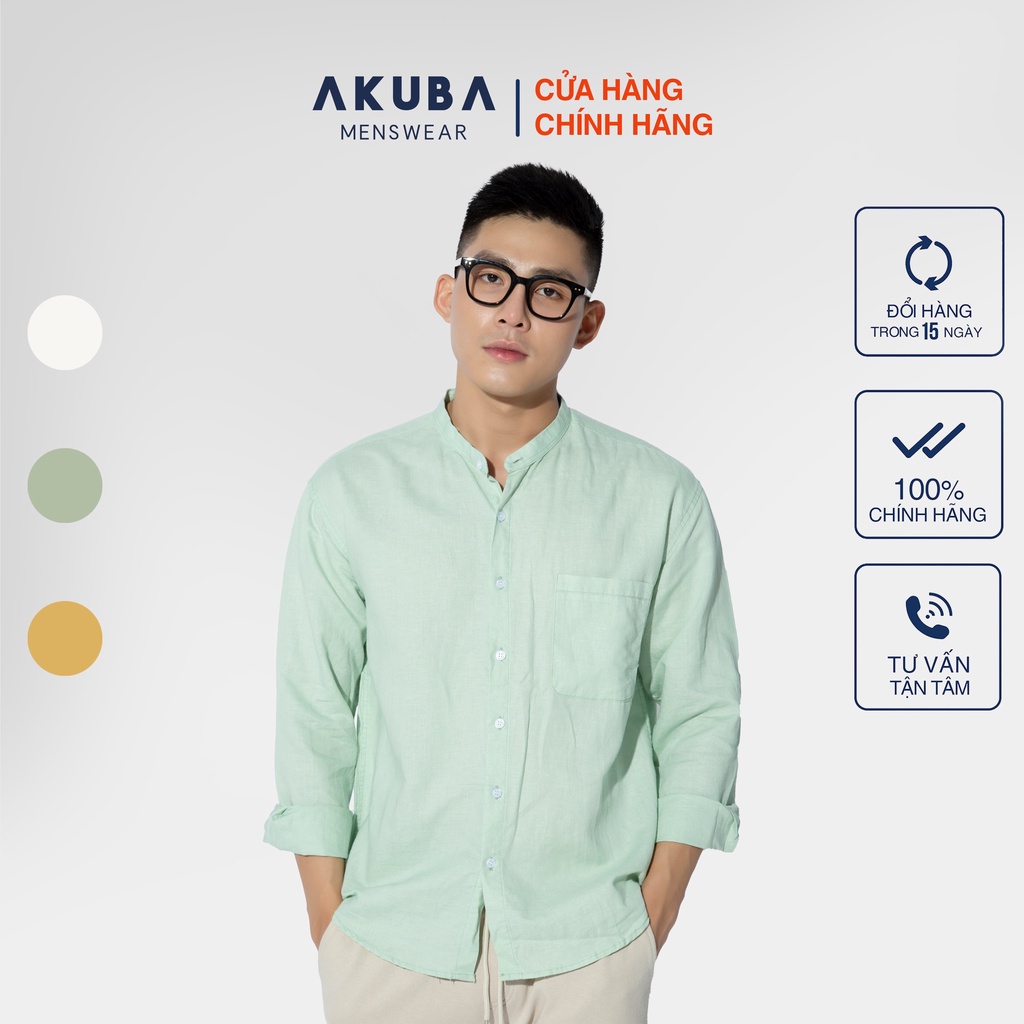 Áo sơ mi tay dài cổ trụ trơn nam AKUBA form oversize, chất liệu 100% linen, túi trước sang trọng 02B472