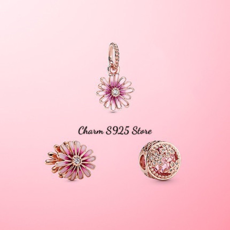 Combo 3 hạt charm pan hoa cúc hồng đính đá bạc s925 cao cấp