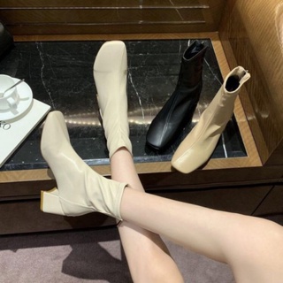 Bốt nữ cổ ngắn da mềm chỉ chéo boot đế vuông khoá kéo 5cm