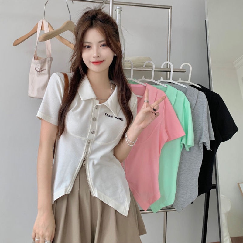 Áo Thun Tay Ngắn Thiết Kế Khóa Kéo Màu Trơn Thiết Kế Mới Thoáng Khí Cho Nữ