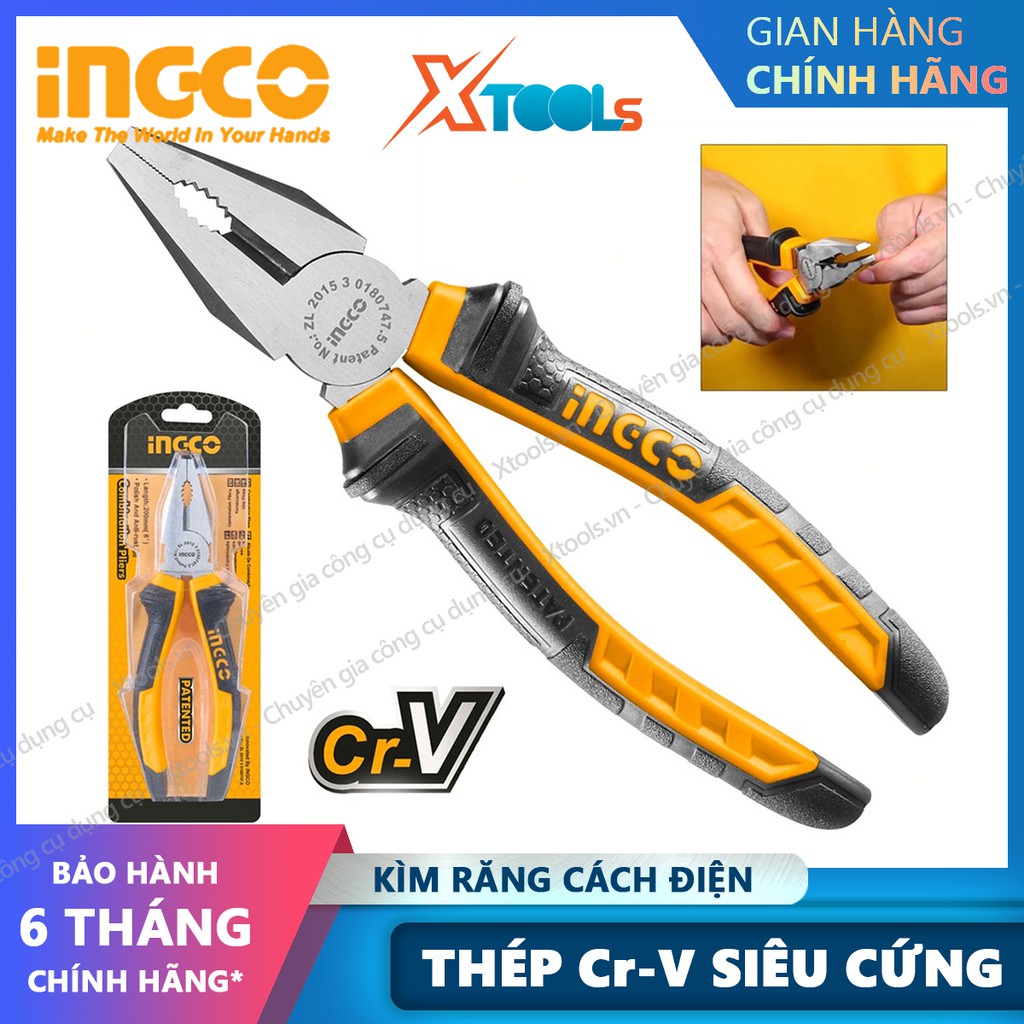 Kìm răng điện INGCO 6&quot; 7&quot; 8&quot; kềm điện thép Cr-V siêu cứng chống rỉ sét tay cầm cách điện tuốt dây cắt cáp nhổ đinh