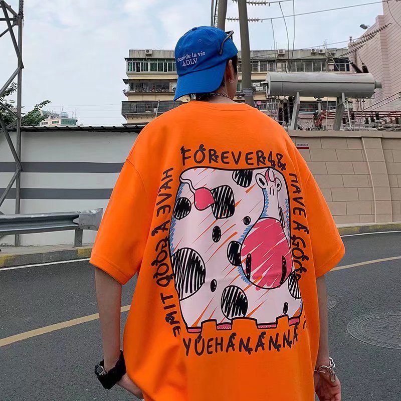 Áo Thun Tay Ngắn Dáng Rộng In Họa Tiết Hoạt Hình Phong Cách Hip Hop Hàn Quốc Thời Trang Mùa Hè Cho Nam