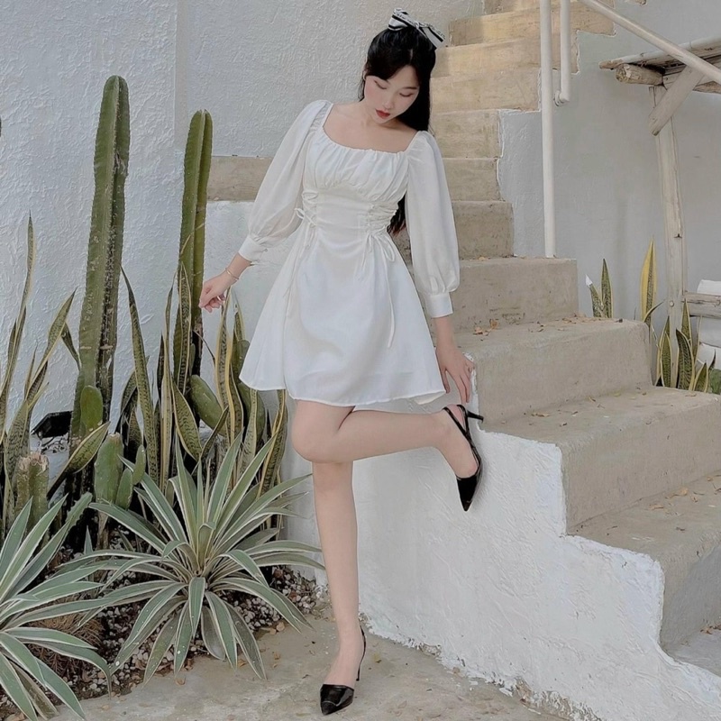 ĐẦM TRẮNG CỔ VUÔNG ĐAN DÂY 2 BÊN EO
