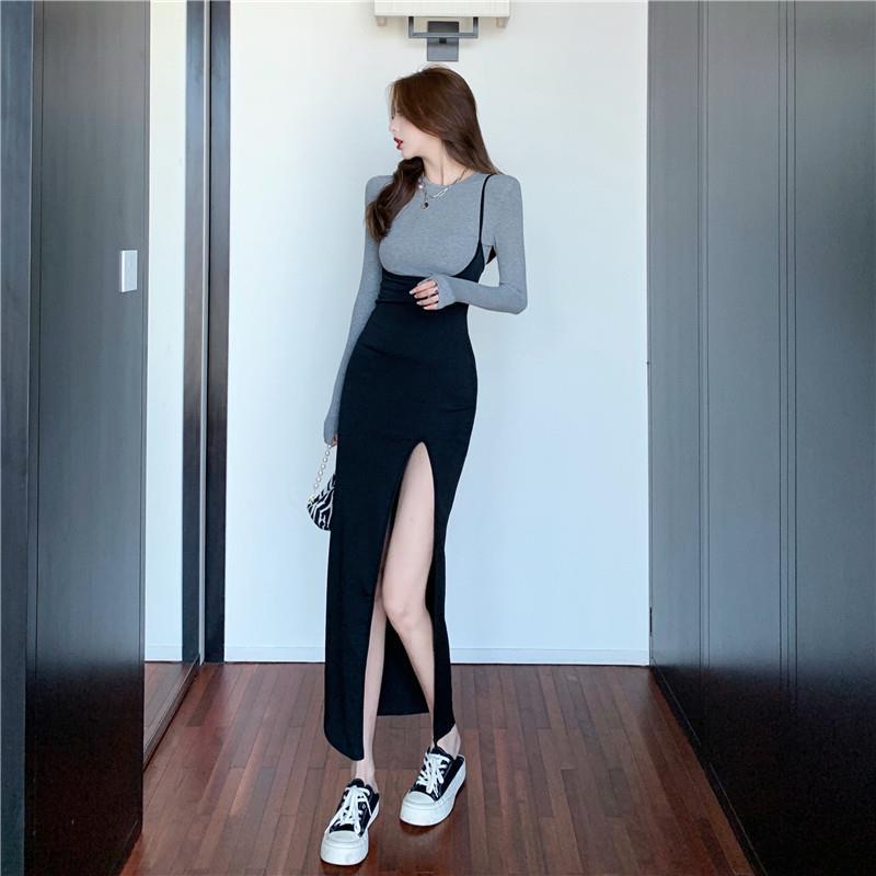 Set Áo Thun Tay Dài + Váy Yếm Xẻ Tà Hở Lưng Thời Trang Nữ