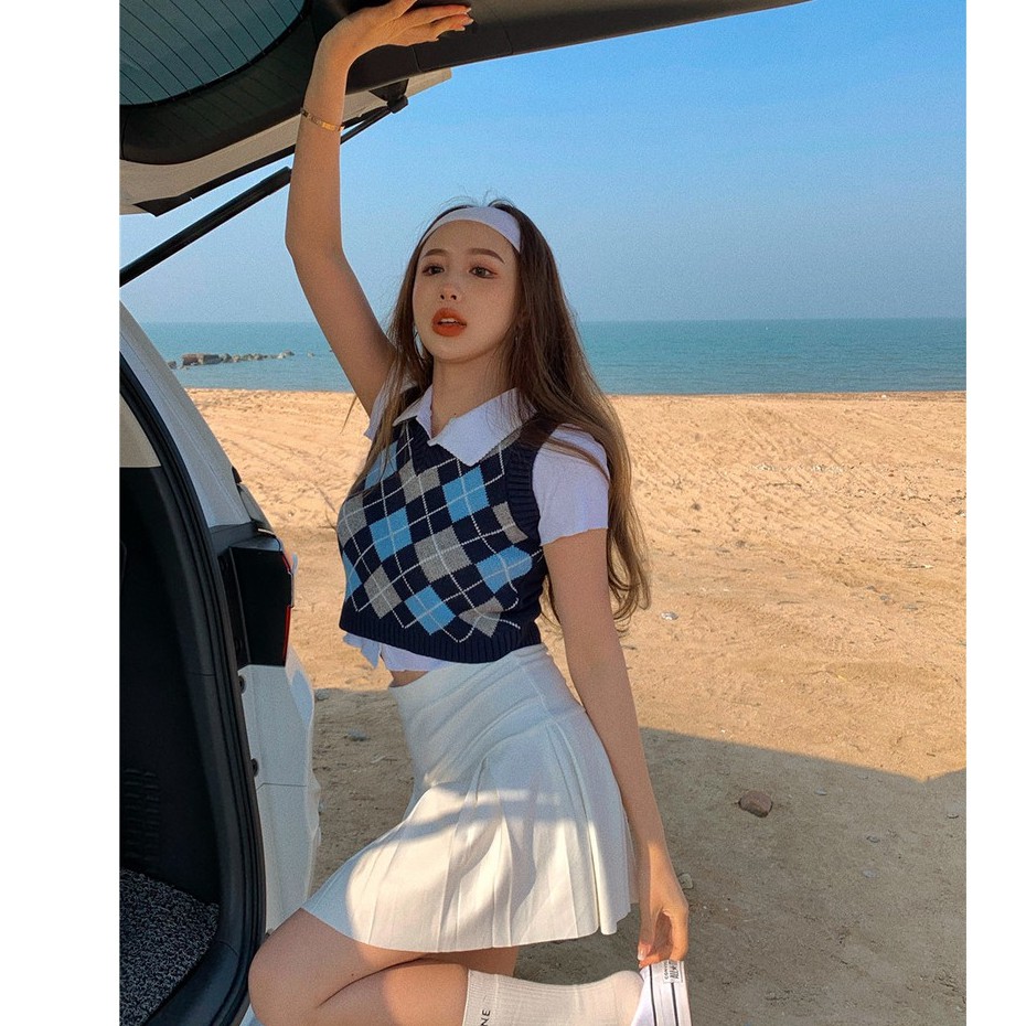 Cocory vn Áo không tay cổ chữ V kẻ sọc caro thời trang vintage cho nữ | BigBuy360 - bigbuy360.vn