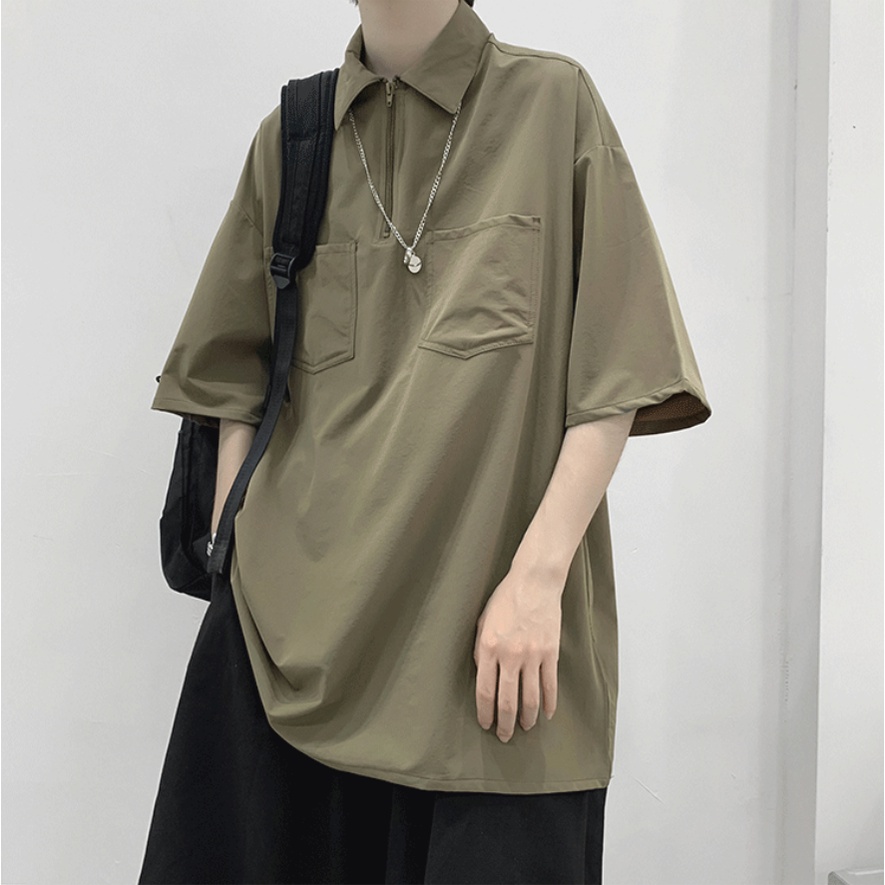 Áo Thun Polo Có Dây Kéo áo polo nam Dáng Rộng Thiết Kế áo thun có cổ Đơn Giản Thời Trang áo phông nam có cổ Hàn Quốc áo phông polo nam