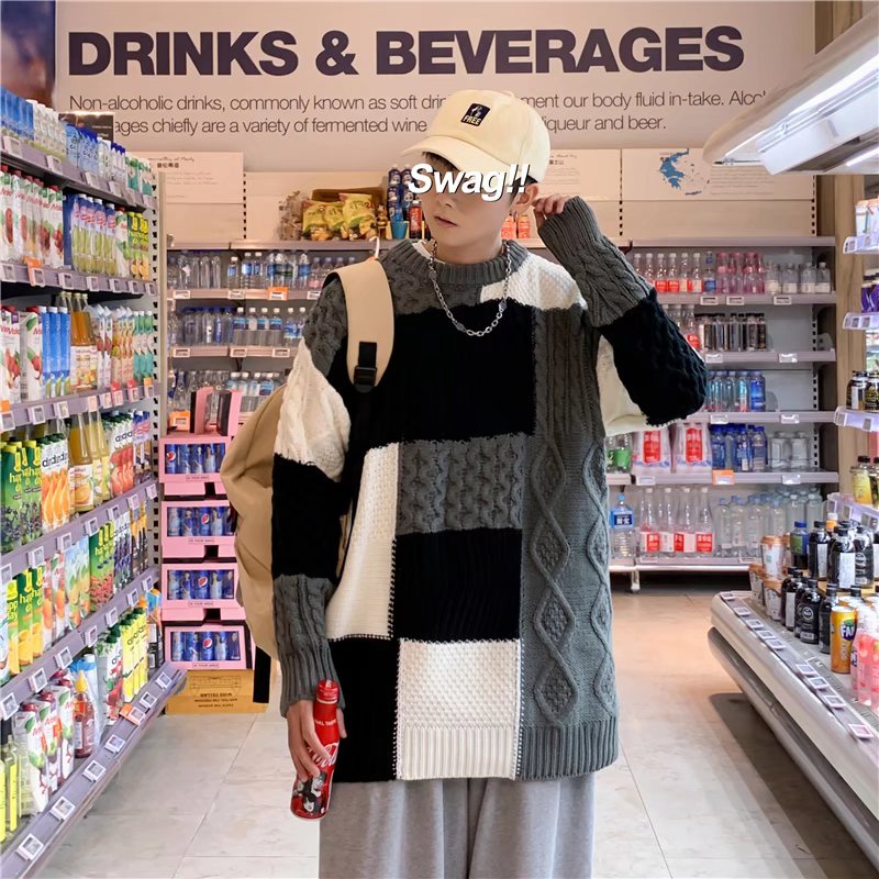 Áo Sweater Cổ Tròn Dáng Rộng Phối Màu Tương Phản Kiểu Nhật Hàn Thời Trang Thu Đông Cho Nam