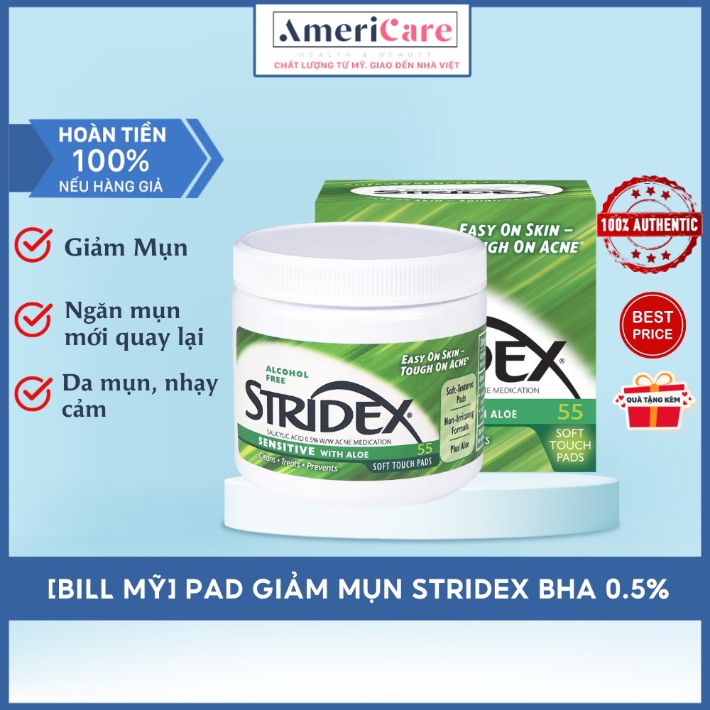 Miếng Giảm Mụn Stridex BHA 0,5% - Tẩy Tế Bào Cho Da Nhạy Cảm (Bill Mỹ hộp 55 miếng)