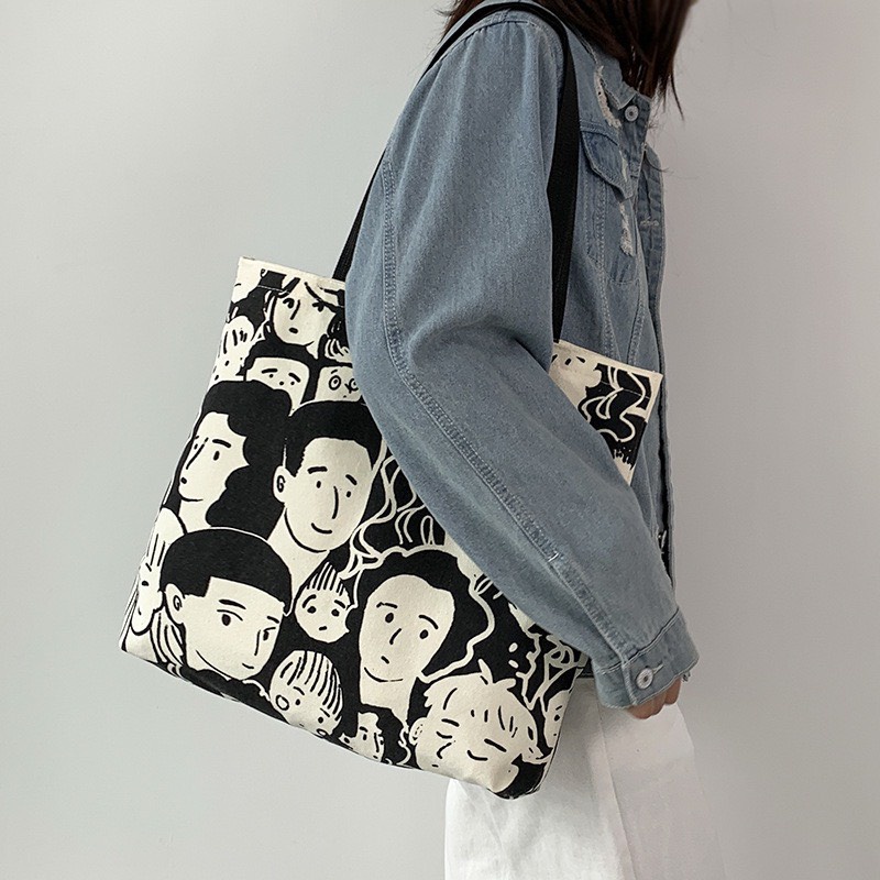 Túi tote túi vải canvas phong cách Hàn quốc, có khóa miệng, có ngăn phụ bên trong thời trang ulzzang
