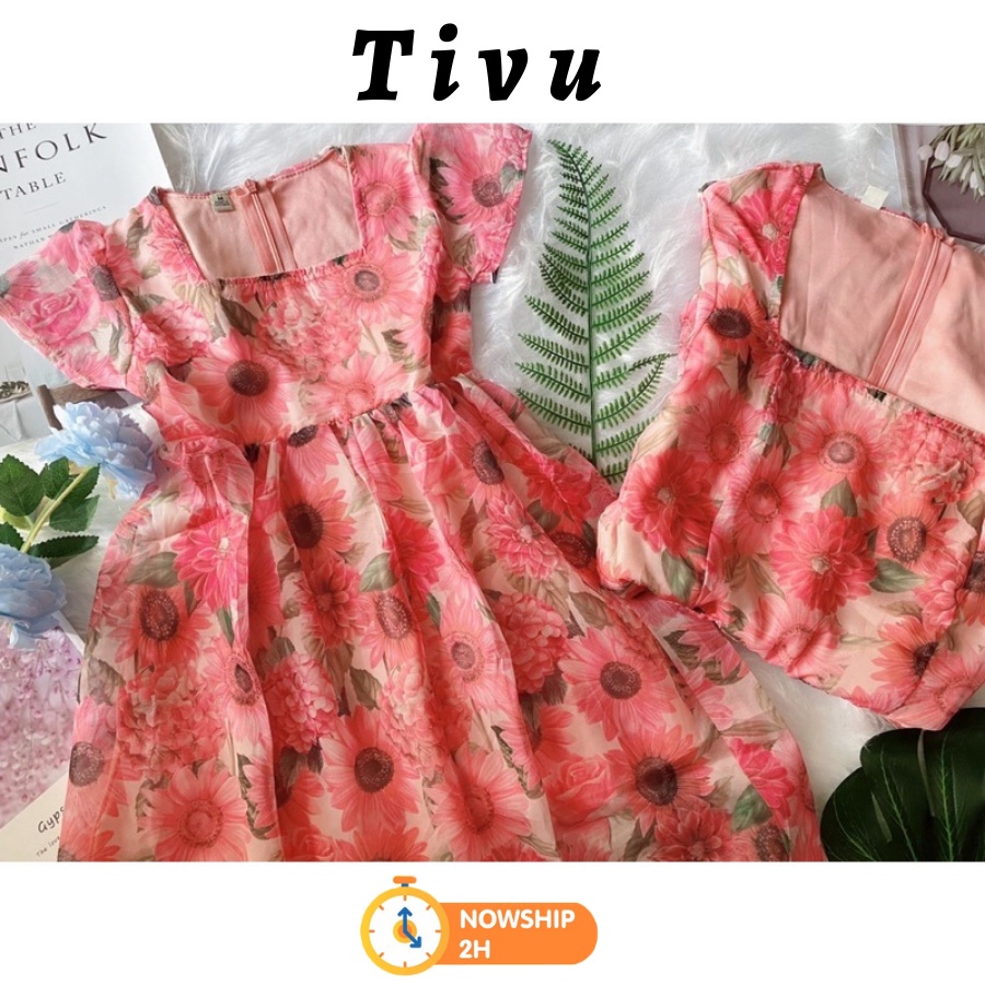 Đầm đôi mẹ và bé - Mẫu đầm voan hoa hướng dương Mẹ và Bé 3 size M L XL.