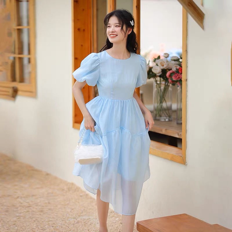 🔥 【Hàng sẵn sàng】Đầm Tay Phồng Cổ Tích Màu Xanh Dương Phong Cách Pháp Cá Tính