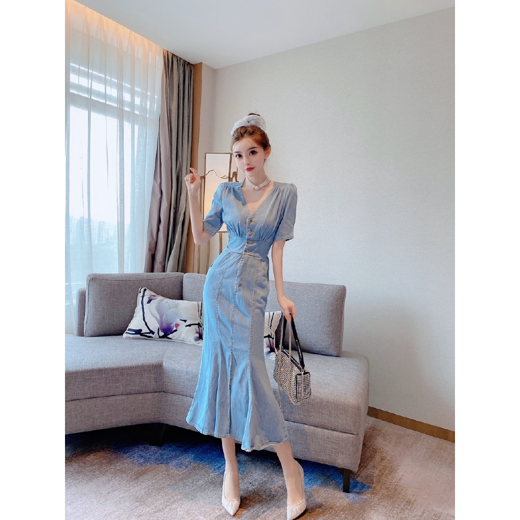 Đầm Denim Cổ Chữ V Xẻ Tà Phong Cách Hong Kong Cho Nữ | BigBuy360 - bigbuy360.vn