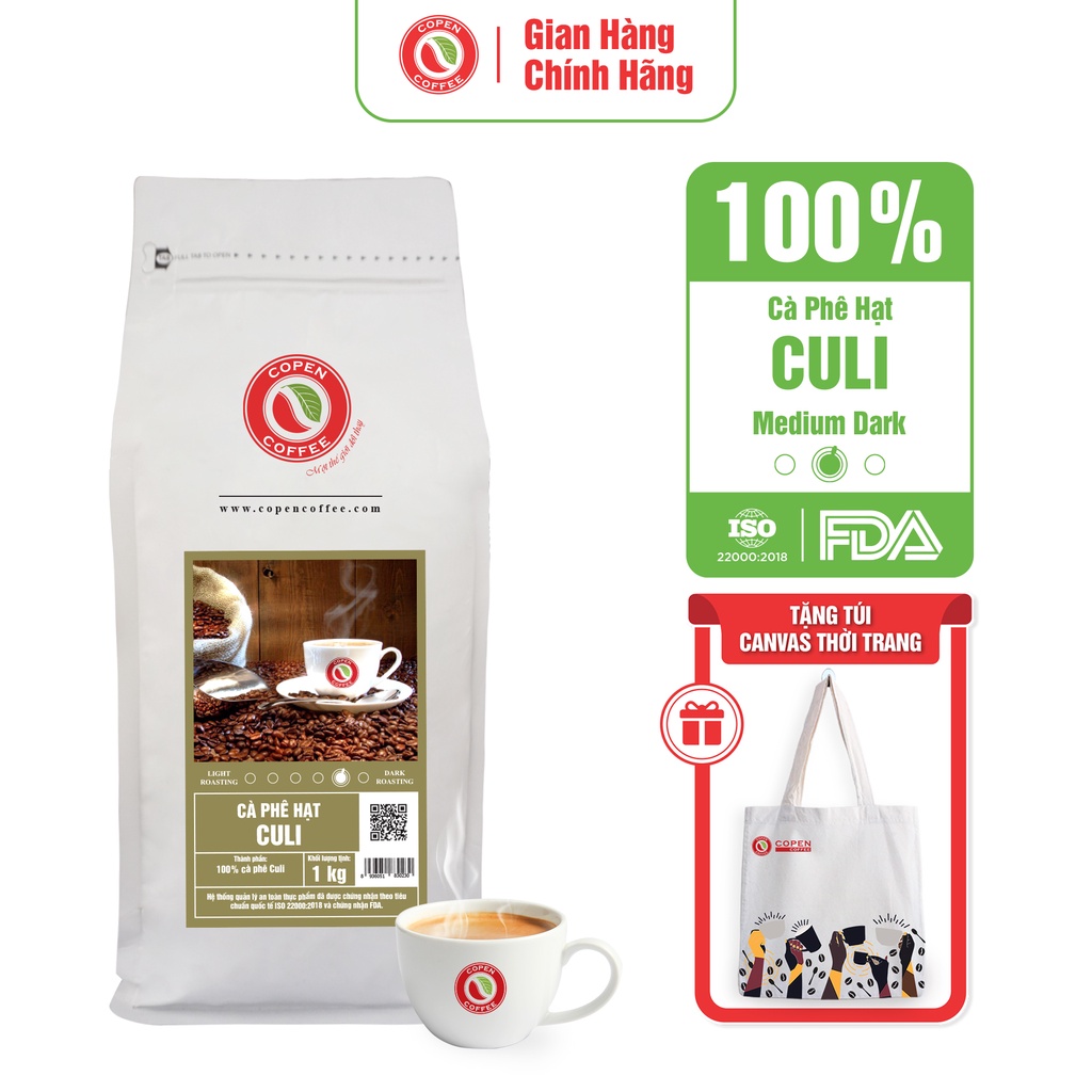 Cà Phê Hạt Rang Mộc Culi - Copen Coffee - Cà Phê Nguyên Chất, Đắng Đậm, Hậu Vị Sâu - Gói 1KG