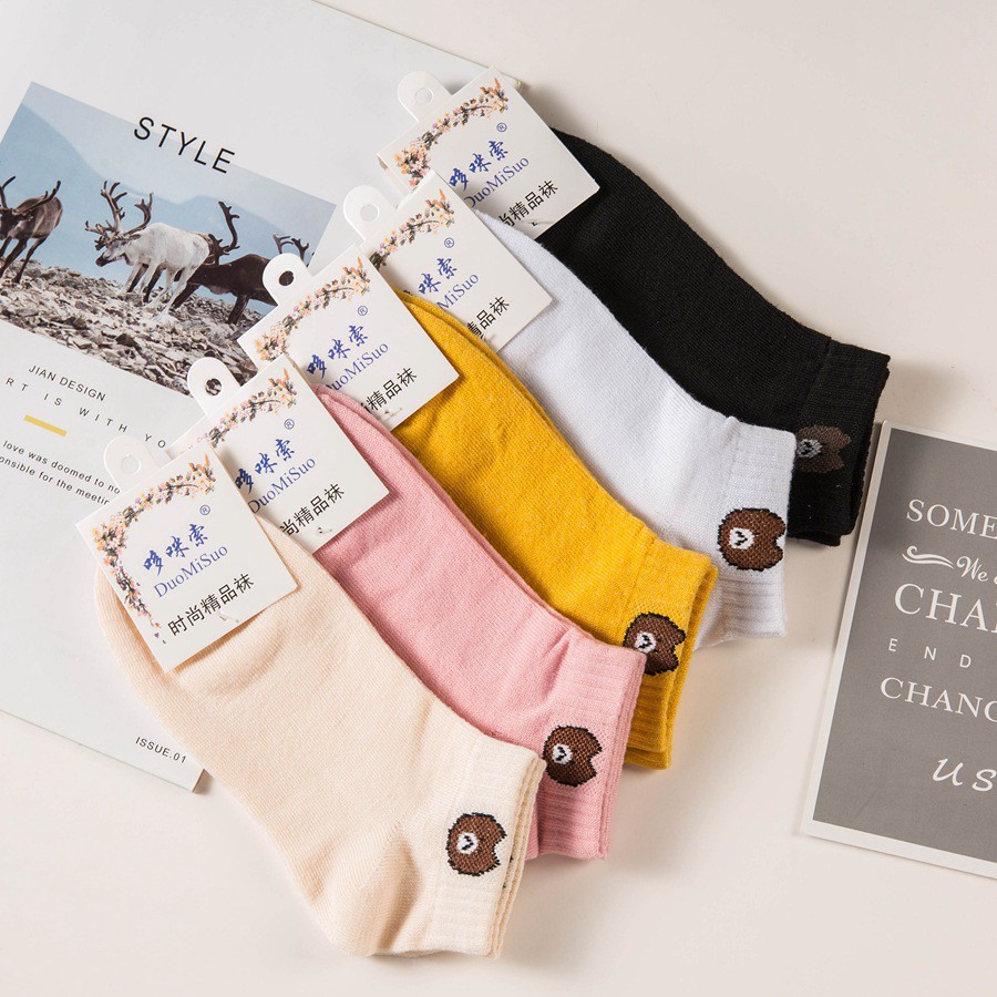 Combo 10 Đôi Tất Gấu Vintage, Vớ Nữ Cổ Ngắn 10 Màu Kèm Túi có sẵn
