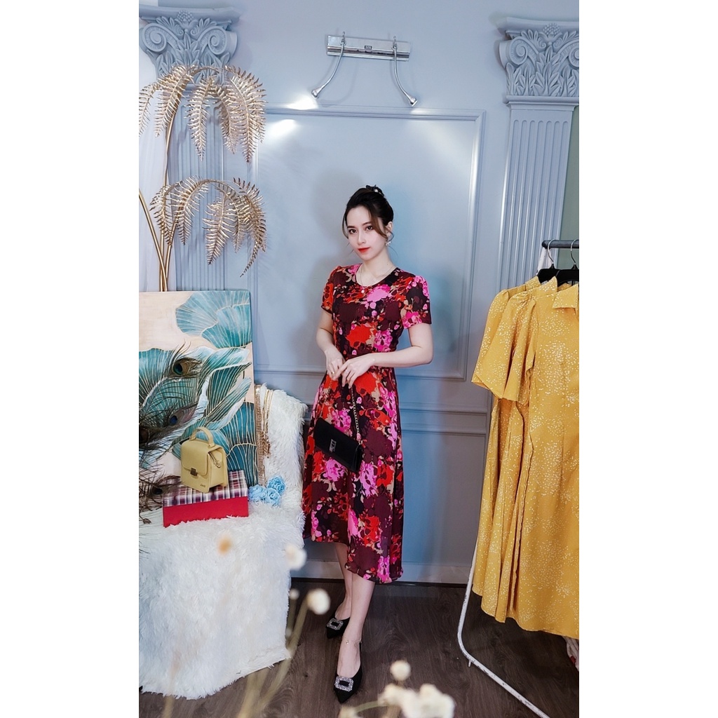 Đầm hoa Da1492 voan kính 2 lớp,, có túi 2 bên