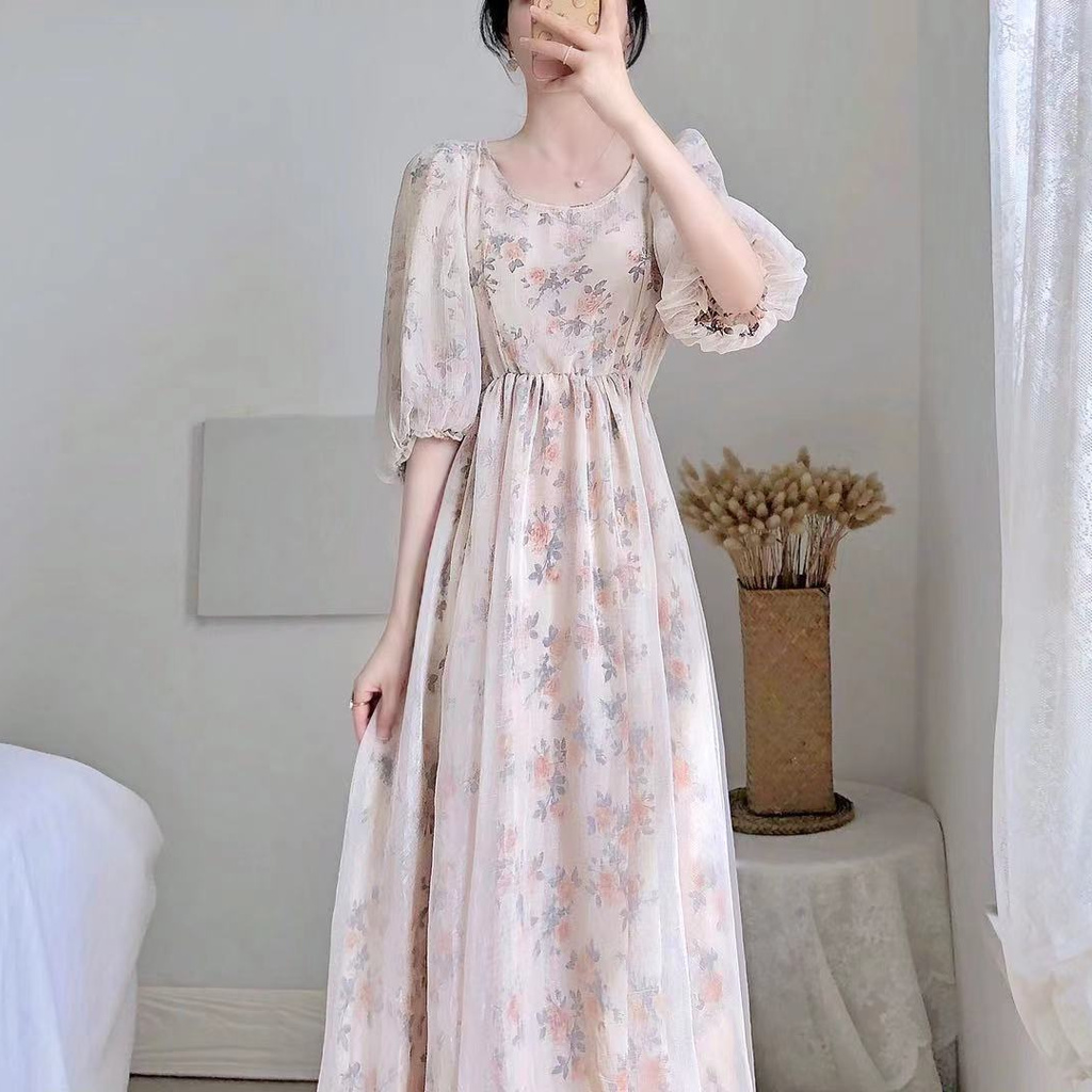 Đầm Voan Hoa Cổ Vuông Lưng Cao Dáng Dài Size S~3XL Thời Trang Retro Cho Nữ