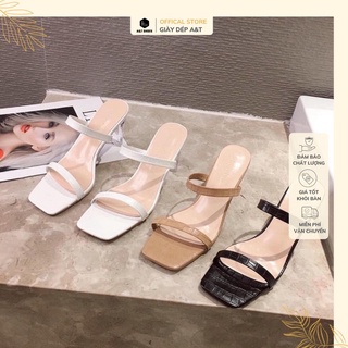 Sandal 2 dây bản ngang gót trong da cá sấu 8cm
