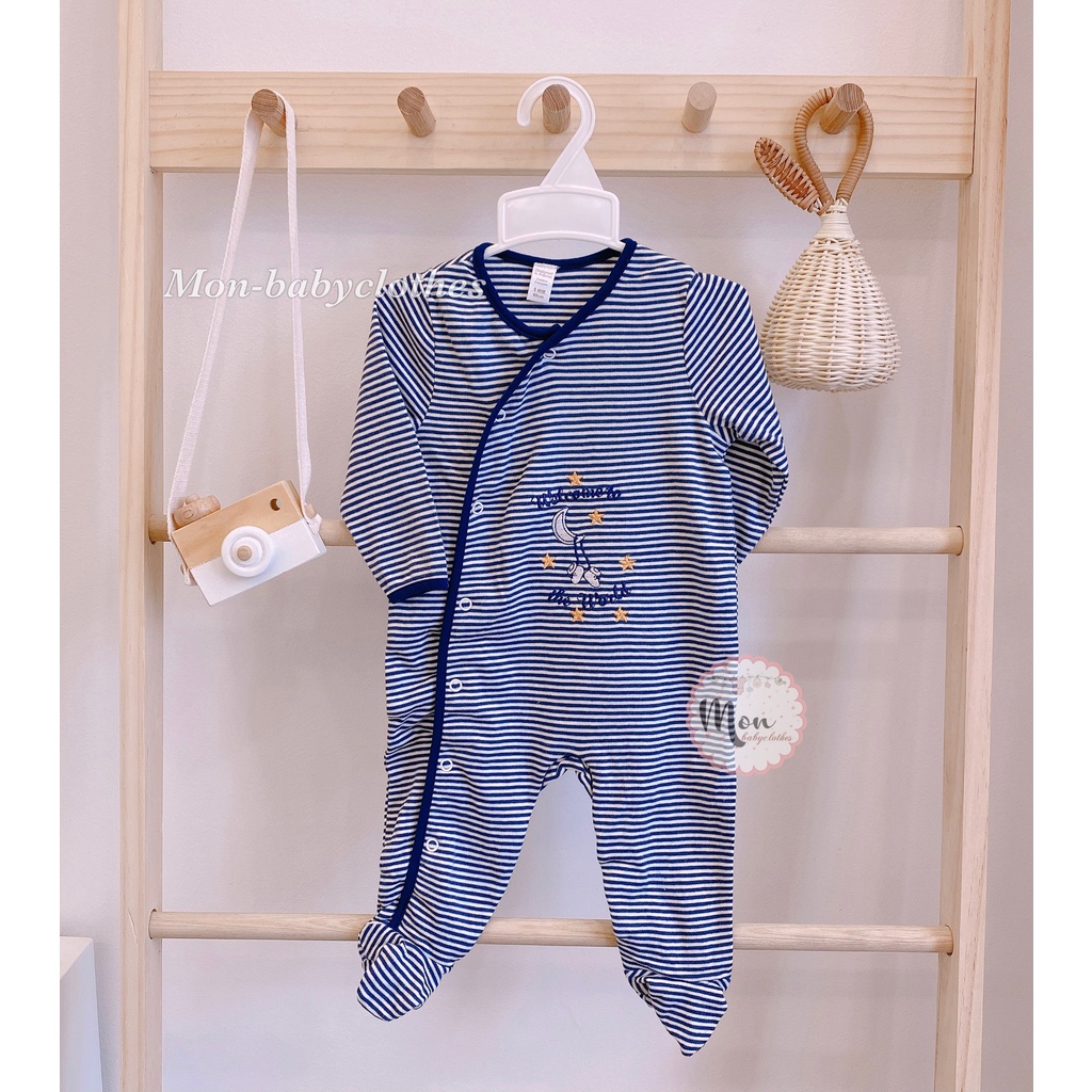 Body liền chân cotton 0baibi xuất xịn [ Kẻ xanh thêu - cúc lệch ]