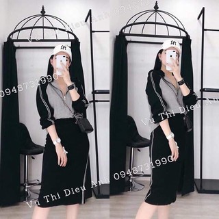 Xả lỗ sét váy len áo khoác mũ + chân váy bút chì (ảnh thật và video)