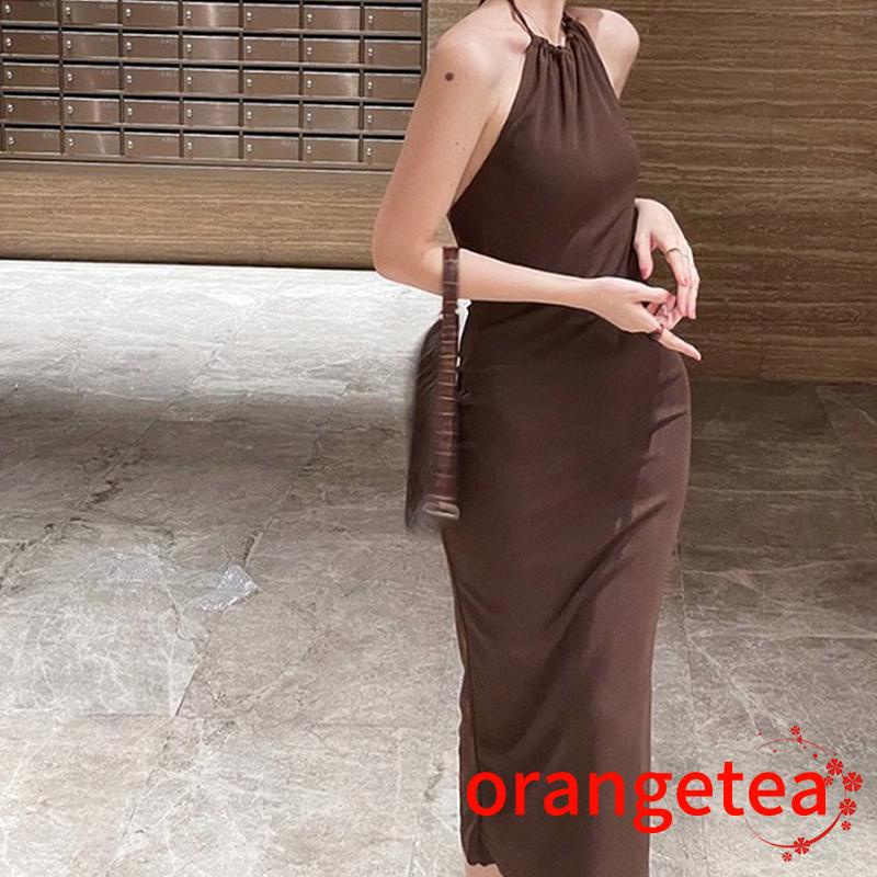 Women Summer Bandage Halter Dress Charming Solid Color Sleeveless Backless Long Evening Gowns