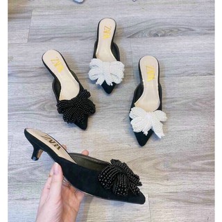 Sục nơ hạt tết đen trắng gót nhọn thấp - 3P