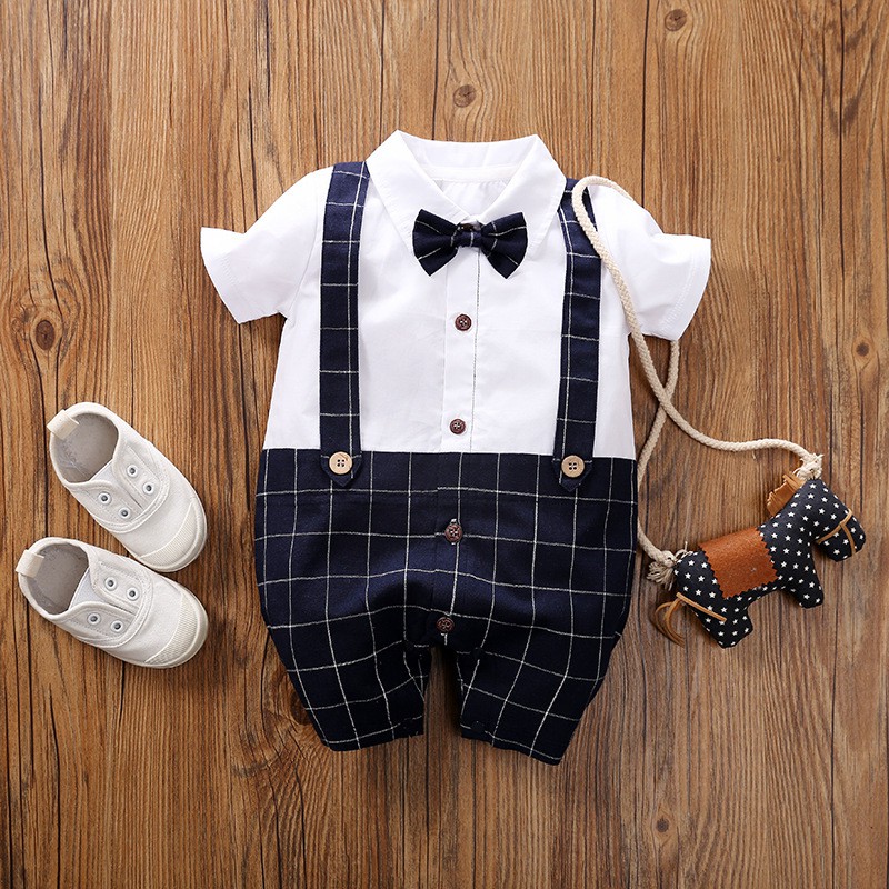 Bộ Áo Liền Quần Bằng Cotton Tay Cộc Phong Cách Quý Ông Cho Bé Trai 0174