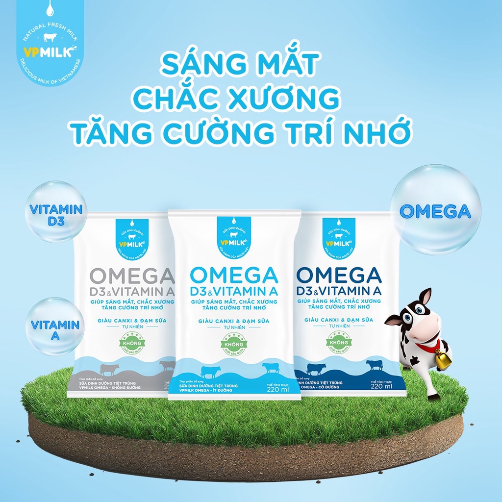 [Thùng 48 bịch 220ml] Sữa Dinh Dưỡng Tiệt Trùng VPMilk Omega Ít Đường Cho Bé Từ 1 Tuổi