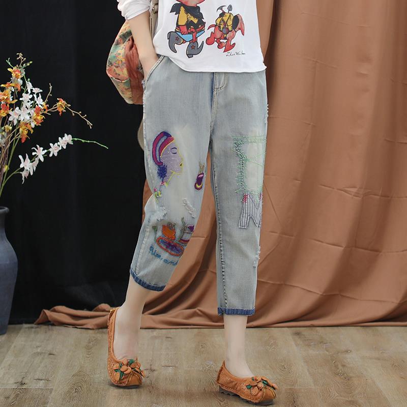 Quần jean dài vải mỏng thêu họa tiết kiểu Retro plus Size cá tính cho nữ★Hộp quà lưu niệm cho nữ★