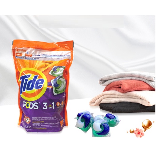 Viên giặt xả quần áo Tide Mỹ Pods 3in1 loại 25 viên bỏ thẳng vào máy giặt tự tan trong nước tiết kiệm tiện lợi.