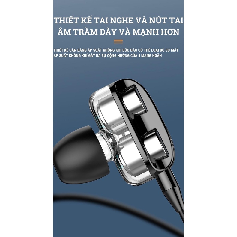 Tai nghe nhét tai có dây có mic lõi tứ cuộn dây chuyển động kép EOR X12 | Loa siêu trầm, tai nghe loa siêu trầm đa năng
