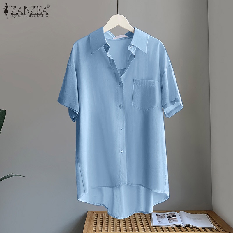Áo sơ mi Zanzea tay ngắn cổ bẻ có túi trước thời trang cho nữ
