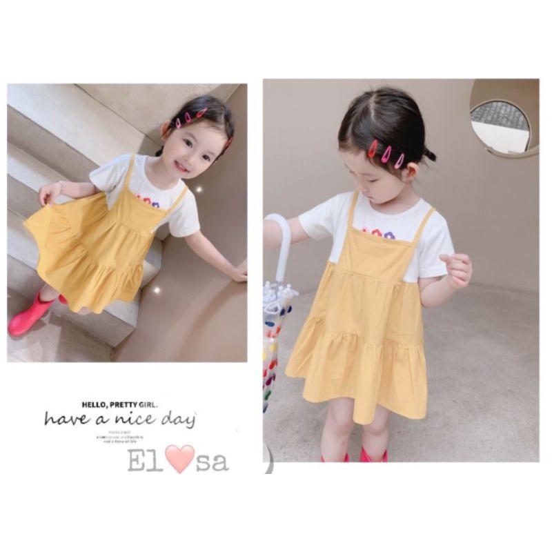 Váy bé gái - Váy giả yếm vải thô họa tiết 3 bông hoa siêu xinh cho bé 1-5 Tuổi