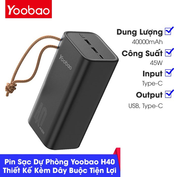 Pin sạc dự phòng Yoobao H40, dung lượng 40000mAh, công suất 45W sạc nhanh cho điện thoại , macbook, laptop