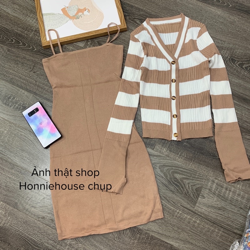 Set áo cardigan và váy len dây body Quảng châu