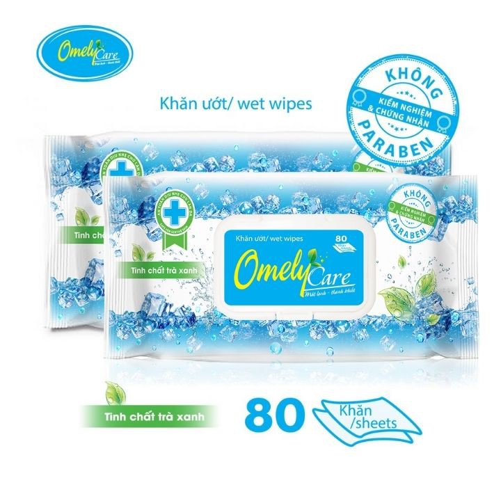 Combo 2 bao Khăn ướt Omely Care tinh chất trà xanh thơm ngát mát lạnh 80 miếng/bao