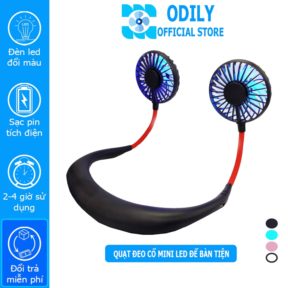 ┋Quạt mini đeo cổ sạc tích điện USB đèn led để bàn 3 cấp độ gió tập thể dục thao tiện lợi pin 2000mAh DC26