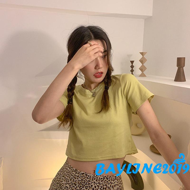 Áo Thun Lửng Tay Ngắn Cổ Tròn Màu Sắc Thời Trang Cho Nữ