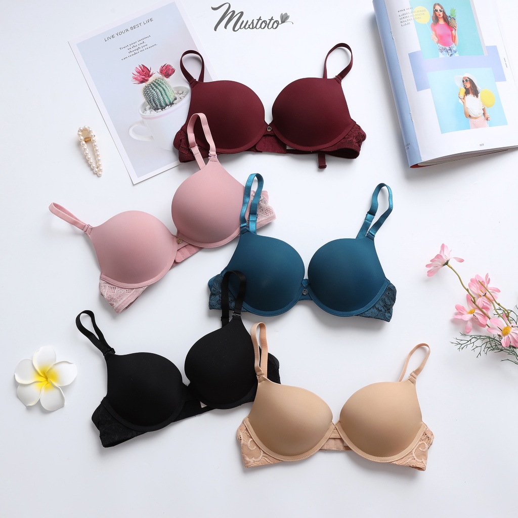 Áo Lót Nữ Mút Vừa Dày 2cm Có Gọng Nâng Ngực Trơn Phối Ren Đỏ Flex Magnolia (Mustoto MA0602)