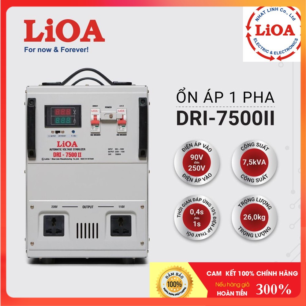 [CHÍNH HÃNG] Ổn áp LiOA 7.5KVA DRI-7500II dải 90V Nhật Linh 7,5KW 7500VA 7500W dây đồng thế hệ mới đồng hồ LED