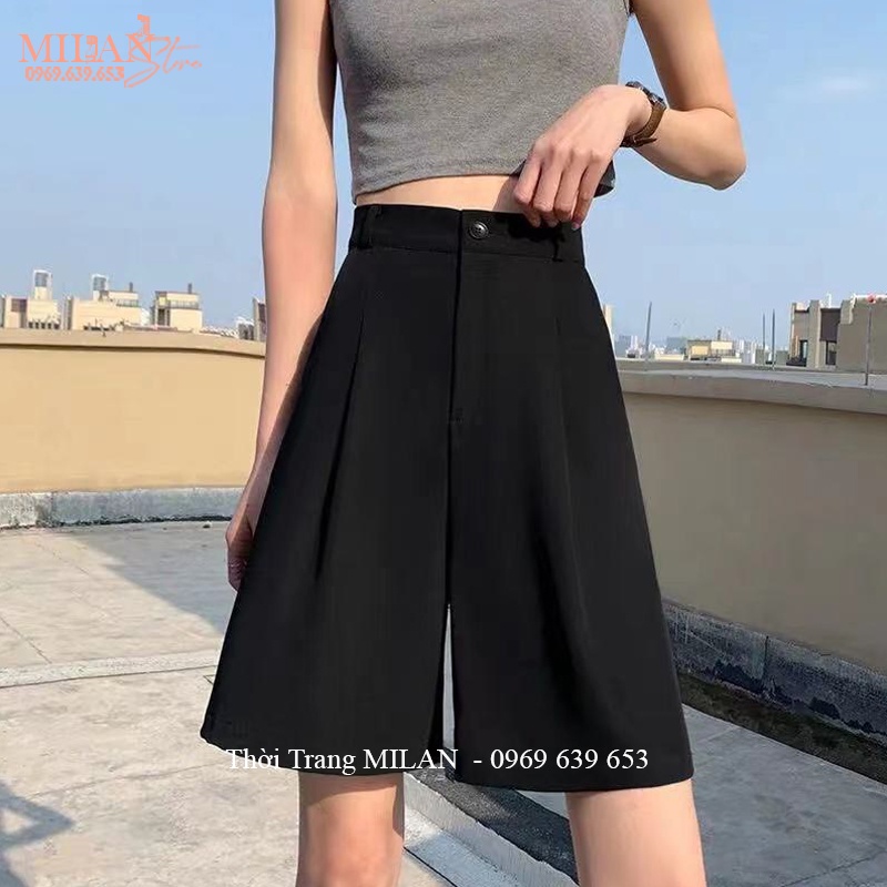 Quấn short lửng nữ ống rộng cạp lưng cao khóa kéo dáng quần đùi lửng nữ qua gối vải dày mặc đi biển ở nhà thể thao gym