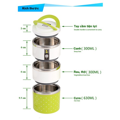 Cà Mên - Hộp cơm giữ nhiệt ruột inox chấm bi 3 tầng đa năng - cơm trưa văn phòng tiện dụng GIAO NGẪU NHIÊN -GDCM169