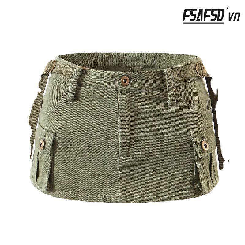 Chân Váy Yếm Denim Dáng Chữ a Lưng Thấp Nhiều Túi Phong Cách Mỹ Thời Trang Mùa Hè Cho Nữ