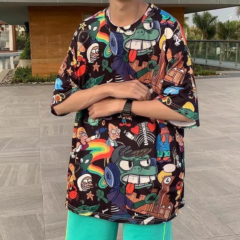 Áo Thun Tay Ngắn In Họa Tiết Graffiti Phong Cách Đường Phố Hồng Kông Cá Tính Cho Nam Size M-5XL