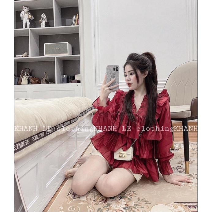 Sét áo đỏ bèo phối quần tacta be phồng siêu xinh