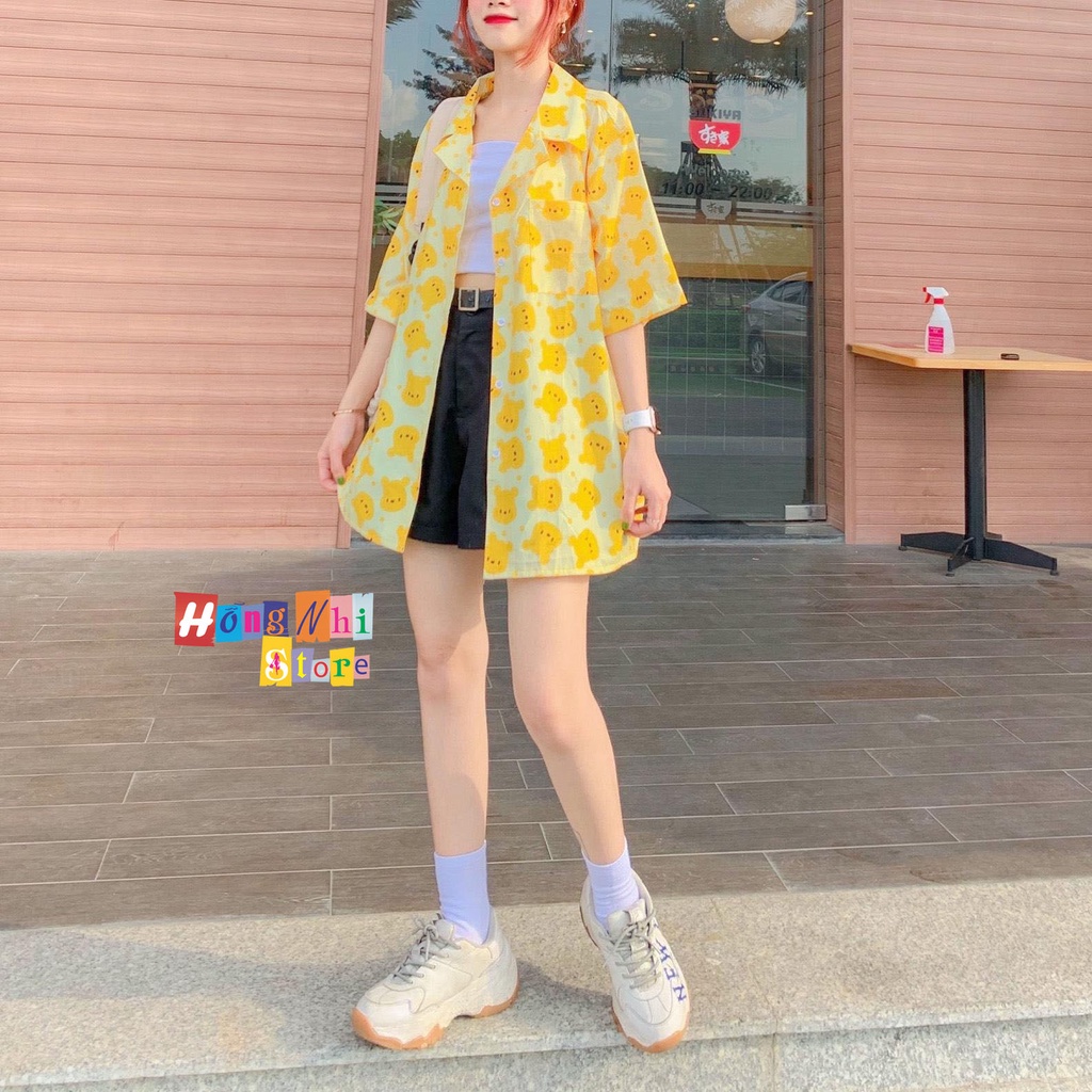 Áo Sơ Mi Họa Tiết Gấu Vàng Tay Lỡ Dáng Rộng Ulzzang Unisex, Sơ Mi Đi Biển - MM