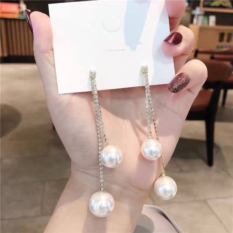 bông tai đính đá dáng dài kèm ngọc sang chảnh phong cách hàn quốc